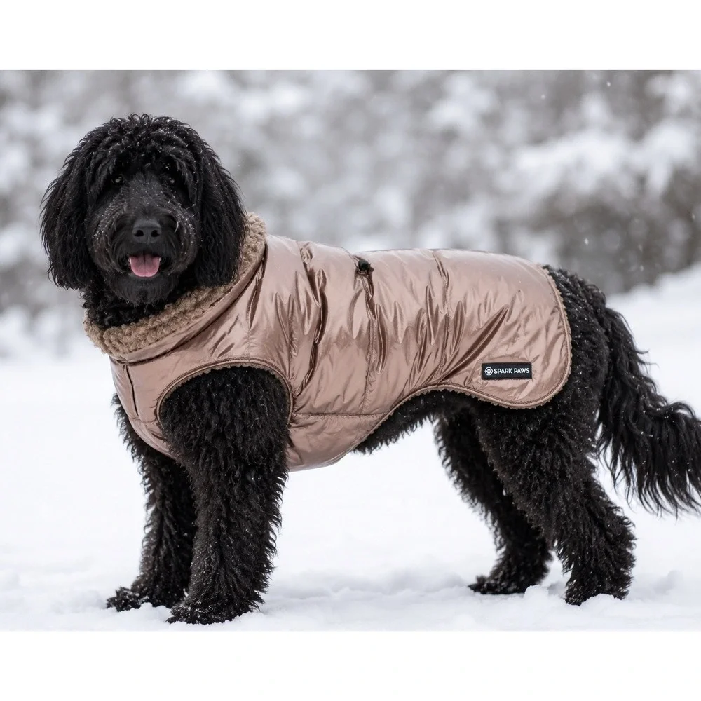 Spark Paws Dog Coat 3XL Champagne Gold Metallic Puffer Faux Fur Lined Jacket